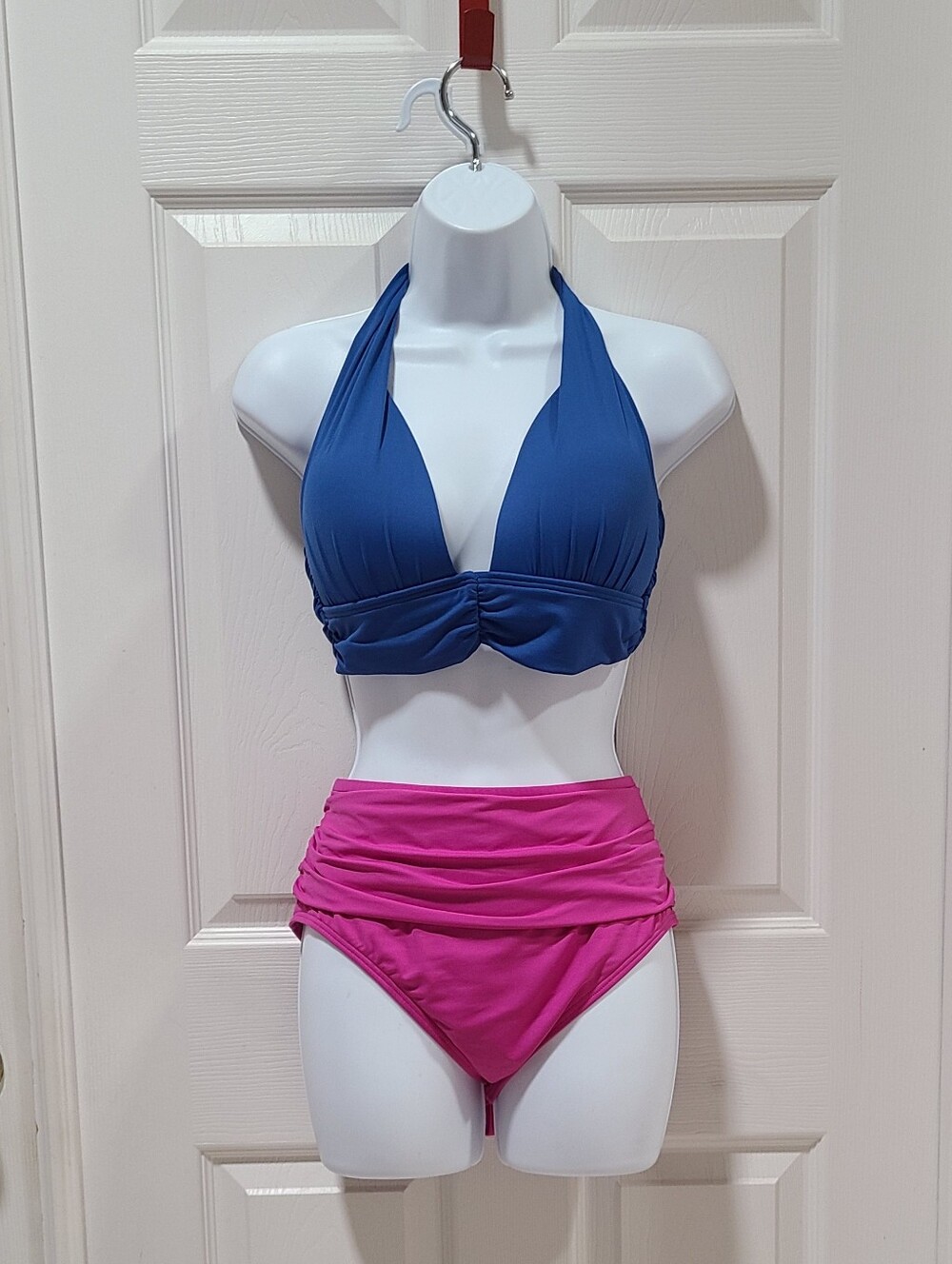 Soma Swim Bikini Set Blue Halter Top And Pink Shirred High-Rise Bottom XL
